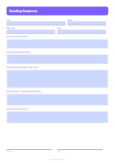 Reading comprehension response sheet