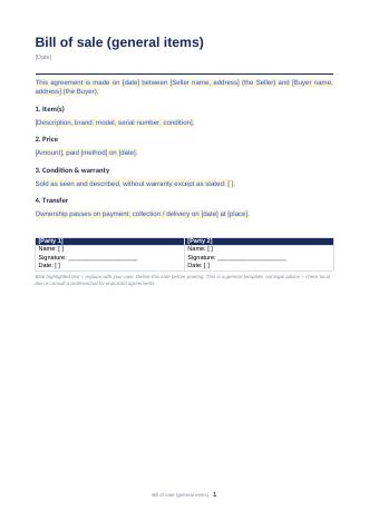 Bill of sale (general items)